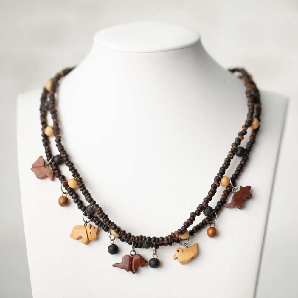 Vintage Wooden Beaded Double Strand Wood Carved Animal Charm Necklace Folk Boho